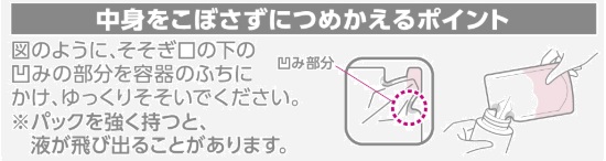 つめかえ用裏面の中身をこぼさずにつめかえるポイントの表示部分の画像。