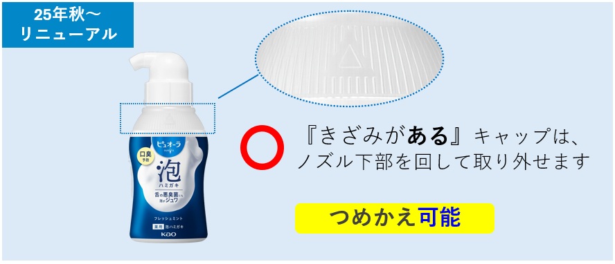 2025年秋にリニューアルしたピュオーラ泡ハミガキの容器の画像。ノズル下部にきざみがあり、ノズル下部を回してキャップを取り外し、つめかえることが可能。