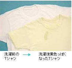 洗たく前の白いTシャツと、洗たく後に黄色っぽくなったTシャツのイメージ写真