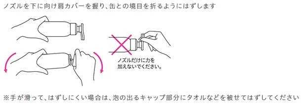 ノズルを下に向け、肩カバーを握り、缶との境目を折るようにしてはずす。ノズルだけに力を加えないようにする。手が滑って、はずしにくい場合は、泡の出るキャップ部分にタオルなどを被せてはずす。