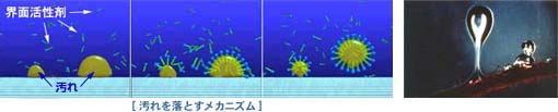 界面活性剤が汚れを取り囲んで浮き上がらせて落とすメカニズムのイメージと写真