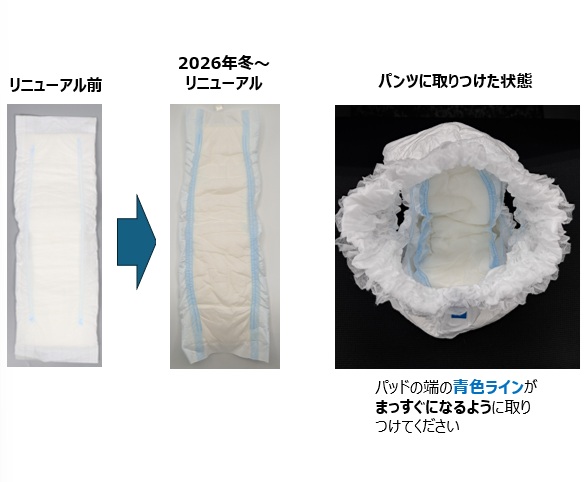 リニューアル前と、2026年秋のリニューアル後のパッドと、パンツにつけた状態の写真。パッドの端の青色ラインがまっすぐになるように取りつける。