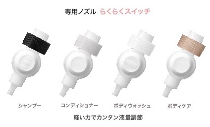 弱い力でカンタンに液量が調節できる専用ノズルらくらくスイッチ。シャンプー、コンディショナー、ボディウォッシュ、ボディケアの画像