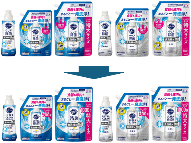 従来の食器洗い乾燥機専用キュキュット クリア除菌 ジェルタイプの商品画像と2026年夏にリニューアルした食器洗い乾燥機専用キュキュット ウルトラクリーンの商品画像