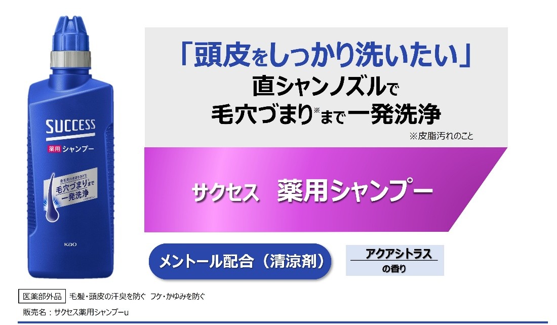 サクセス 薬用シャンプー。直塗りノズルで頭皮の毛穴づまり（皮脂汚れ）まで洗浄する特長であることを紹介した画像