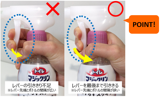 レバーを引いた時の画像。悪い例として、レバーをしっかり引ききっていない状態の画像。良い例として、レバーを容器にあたるくらいしっかり引ききっている状態の画像。