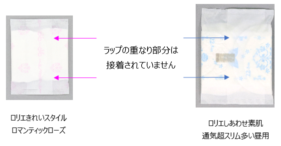 ロリエきれいスタイルロマンティックローズ、ロリエしあわせ素肌通気超スリム多い昼用の個別包装の写真。個別包装のナプキンやライナーを包んでいるラップの重なり部分は接着されていない。