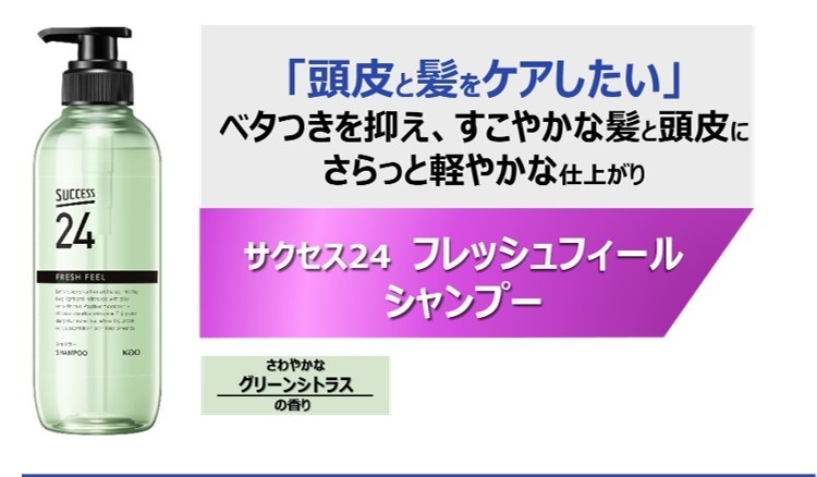 サクセス２４　フレッシュフィールシャンプー。ベタつきを抑え、すこやかな髪と頭皮にさらっと軽やかな仕上がりであることを紹介した画像