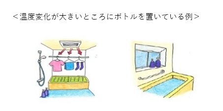 浴室乾燥機を使用中の浴室や、窓際など温度変化が大きいところにボトルを置いている例のイラスト