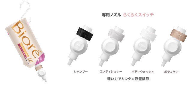 専用ノズルの画像。シャンプーはキャップが黒色、コンデショナーはグレー、ボディウオッシュは白色、ボディケアはブラウン。