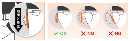 スマートフォンが地面と垂直になるように両手で押さえる画像とNGの例としておへそから離している、スマートフォンが地面と垂直になっていない画像
