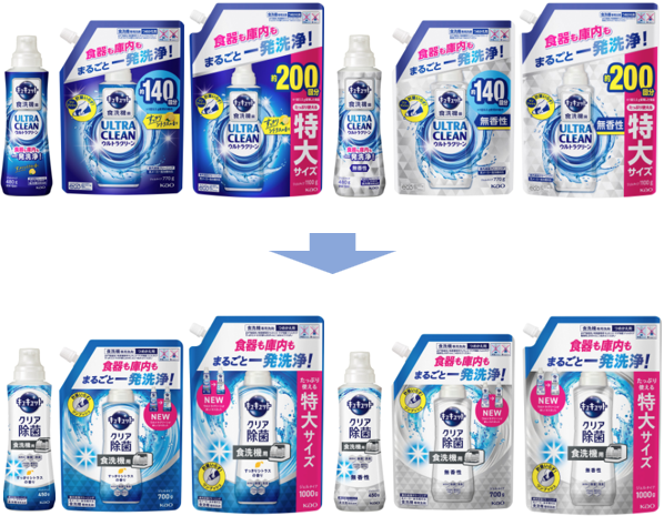 従来の食洗機用キュキュット ウルトラクリーンの商品画像と2025年秋にリニューアルした食洗機用キュキュット クリア除菌 ジェルタイプの商品画像