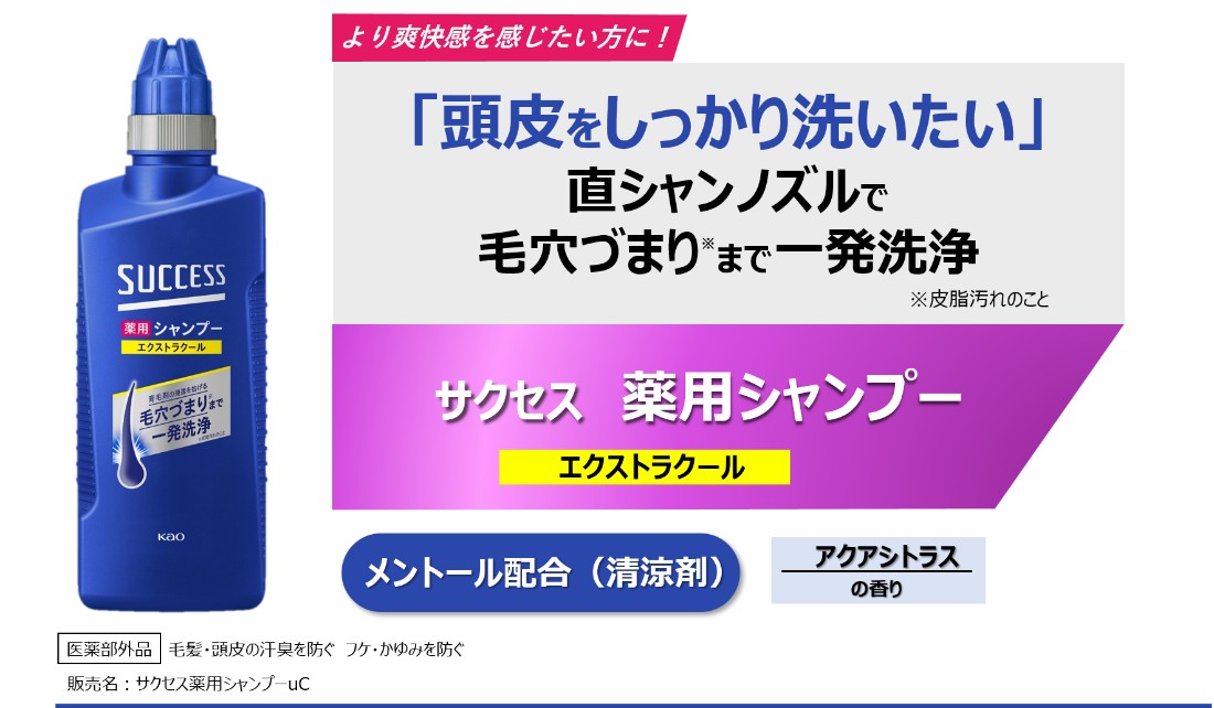 サクセス 薬用シャンプーエクストラクール。直塗りノズルで頭皮の毛穴づまり（皮脂汚れ）まで洗浄する特長であることを紹介した画像
