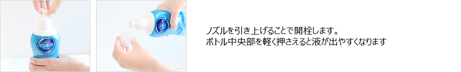 ノズルを引き上げて開栓してキャップで計量している写真