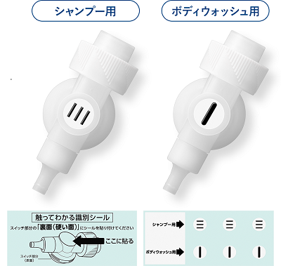 シャンプーとボディウォッシュ用の触ってわかる識別シールと、スイッチ部分の裏面(硬い面)にシールを貼った画像