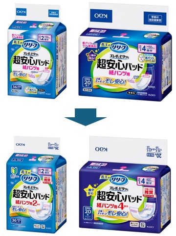 従来品と、2026年冬にリニューアルしたリリーフ紙パンツ用パッドズレずにピタッと超安心2回分、4回分の画像。