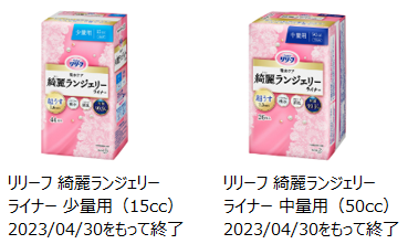 2023年4月30日に製造終了したリリーフ綺麗ランジェリーライナー 少量用（15cc）、中量用（50cc）の写真。