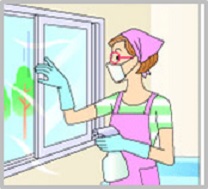 眼鏡、炊事用手袋、マスクをして、浴室の窓を開けているイラスト