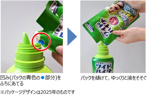 “パックの青色のマル部分を容器のふちにあてているイメージ写真とパックを傾けてボトルに液をそそいでいるイメージ写真”
