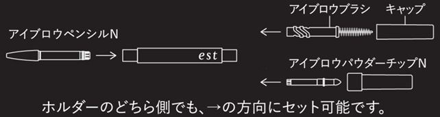 エスト アイブロウペンシルＮとエスト アイブロウパウダーチップＮをエスト アイブロウ用ホルダーＮにセットしているイラスト
