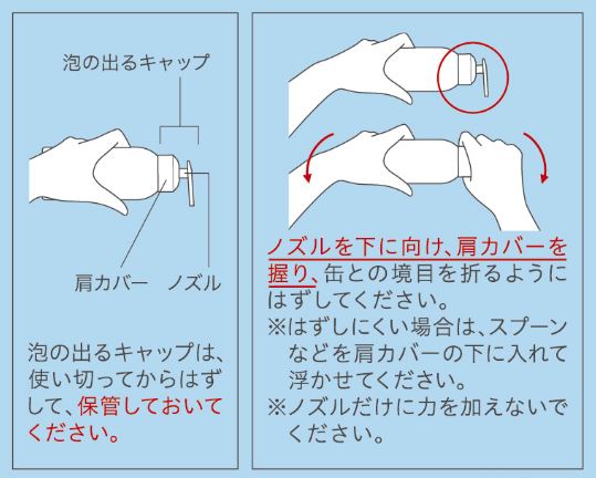 使い切ってから、ノズルと肩カバーごとキャップ部分をはずし、保管しておいてください。ノズルを下に向け、肩カバーを握り、反対側の手で缶との境目を折るようにしてはずしてください。はずしにくい場合は、スプーンなどを肩カバーの下に入れて浮かせてください。ノズル部分だけに力を加えないでください。