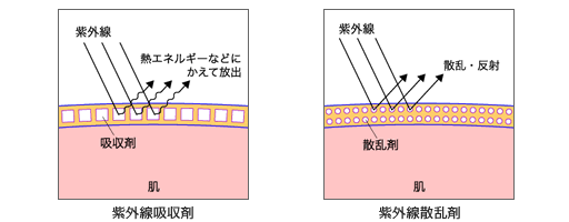 紫外線吸収剤と紫外線散乱剤が紫外線を防ぐしくみのイメージイラスト