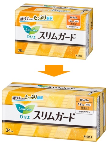 リニューアル前のロリエスリムガード軽い日用羽なしの商品画像と2025年10月にリニューアルしたロリエスリムガード軽い日用羽なしの商品画像
