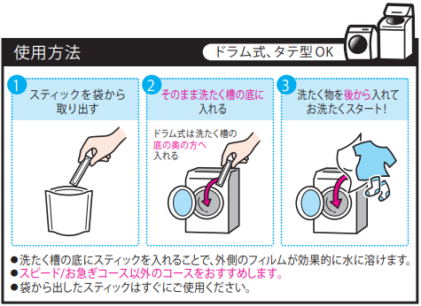 アタックゼロ パーフェクトスティックの洗濯機への入れ方を説明したイラスト